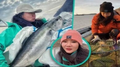 صورة لامرأة صينية، ربما السيدة يو لي، على شاطئ جزيرة نائية أو أمام منظر طبيعي بحري هادئ، ترمز إلى الهروب من صخب المدينة والبحث عن السلام الداخلي.