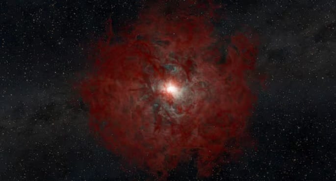 رسم فني يصور نجمًا عملاقًا ينهار بهدوء على نفسه ليتحول إلى ثقب أسود، مع توهج خافت ناتج عن جذب الغبار والغاز المحيطين نحو مركزه الكوني.