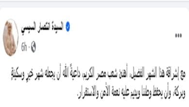 صورة رسمية لقرينة الرئيس السيدة انتصار السيسي تظهر فيها بابتسامة هادئة ووقار، تعكس رسالة التهنئة بحلول شهر رمضان المبارك.