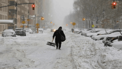 صورة لعاصفة ثلجية شديدة تضرب مدينة أمريكية مع سيارات مغطاة بالثلوج.